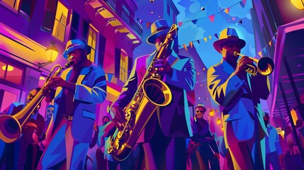 A vibrant live jazz performance featuring musicians playing piano, double bass, and percussion instruments in an intimate, dimly lit setting.