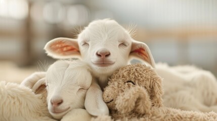 Two white baby goats sleep peacefully wrapped in a blanket, exuding warmth, comfort, and serenity. It&rsquo;s an image displaying the tender bond between the animals.