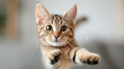 Fototapeta premium A kitten, with a joyful expression and extended paws, is caught in the act of leaping towards the camera, showcasing youthful exuberance and playful curiosity.