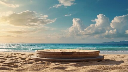 Fototapeta premium Beachside Product Display on a Tropical Podium Stage - Generative AI