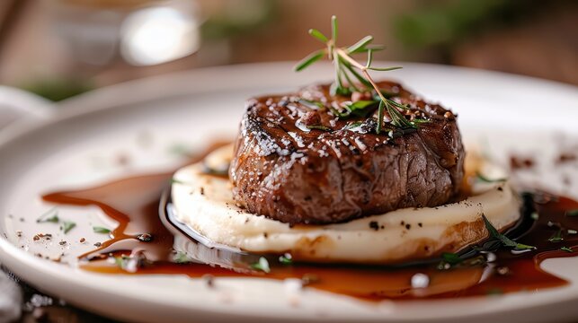 A gourmet steak plated on a bed of creamy mashed potatoes, drizzled with a rich sauce and garnished with fresh herbs, epitomizing exquisite dining and culinary finesse.