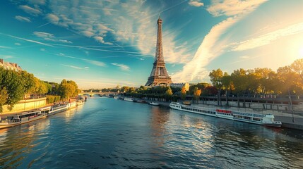 Aerial view of Paris with Eiffel tower during sunset