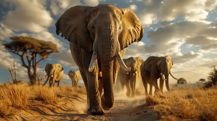 Fototapeta premium Amazing Line of Elephants Marching Against Landscape at Amboseli, Kenya