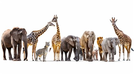 Fototapeta premium Large group of African fauna, safari wildlife animals together, in a row, isolated