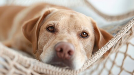 A golden retriever is shown resting peacefully in a hammock, capturing a moment of true relaxation and serenity, surrounded by the calmness of an outdoor setting.