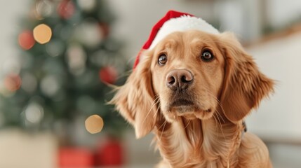 A golden retriever dog wearing a Santa hat is positioned near a Christmas tree adorned with festive decorations and warm light bokeh, creating a holiday atmosphere.