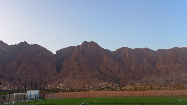 Amlen Stadium, with Lion's Head Mountain behind it, from the Tafrout Mountains