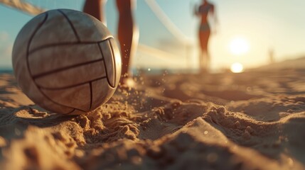 A close-up shot of a volleyball on sandy beach during a game while people play in the background at sunset, capturing the dynamic movement and warm atmosphere.
