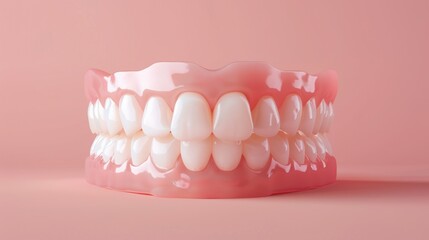 Full set of dentures on pink background