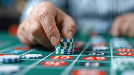 A person is seen placing a stack of casino chips on a roulette table, signaling a bet. The image captures the excitement and tension of a gaming atmosphere in a casino.