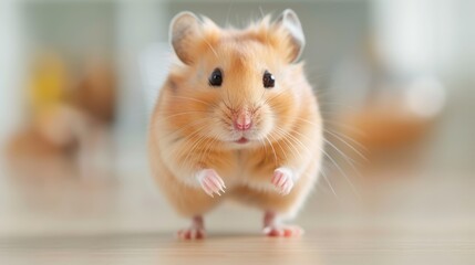 Fototapeta premium An adorable hamster stands and looks slightly forward, highlighting its inquisitive nature and tiny, delicate features in a well-lit and peaceful environment.