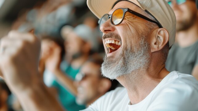 An elderly man with glasses and a white shirt cheers enthusiastically at a sports event, surrounded by other spectators, showing excitement and support for his team.