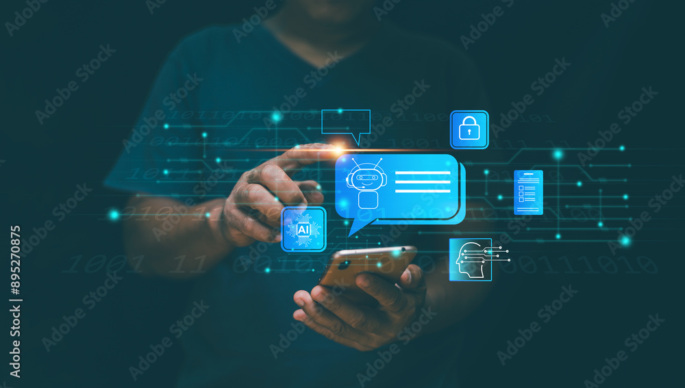 Aufkleber Chat with AI or Artificial Intelligence technology, Businessman using smartphone for chatting online with intelligent artificial or chatbot. Automation chat for information. Ai for data protection.