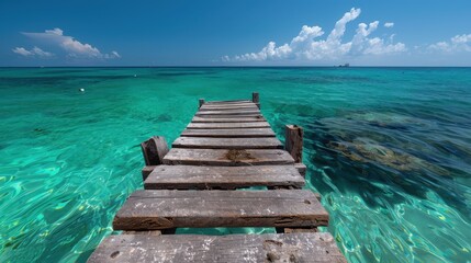 Obraz premium This image showcases a weathered wooden pier reaching out into a stunning, clear turquoise sea under a bright blue sky, evoking peace and serenity.