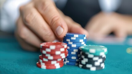 Naklejka premium A close-up of a hand carefully placing poker chips on a green felt table, depicting a moment of decision-making and strategic thinking in a gambling environment.