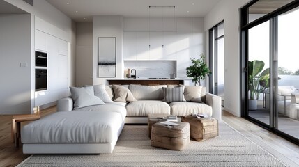 Fototapeta premium A bright and spacious modern living room featuring a plush beige sofa, wooden coffee tables, decor elements, large windows, and an open kitchen in the background.