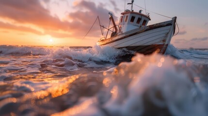 Obraz premium A dynamic fishing boat bravely navigating through the strong waves at sunrise, showcasing the adventurous spirit and resilience of seafarers on the open ocean.