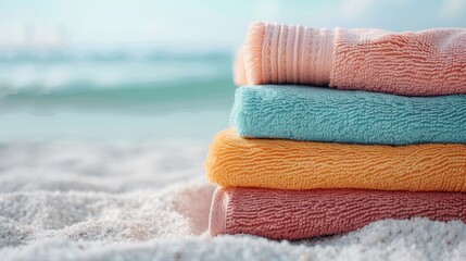 A stack of vibrant and neatly folded towels sitting on a sandy beach, with the gentle waves of the ocean in the background, creating a perfect summer scene.