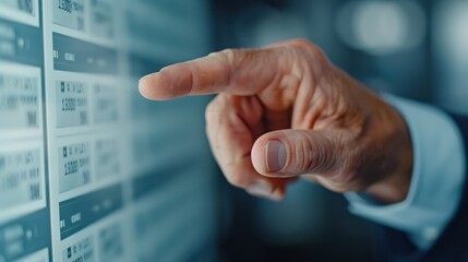 A close-up shot of a hand pointing at a computer screen displaying financial figures and data, highlighting analysis and decision-making in a corporate setting.