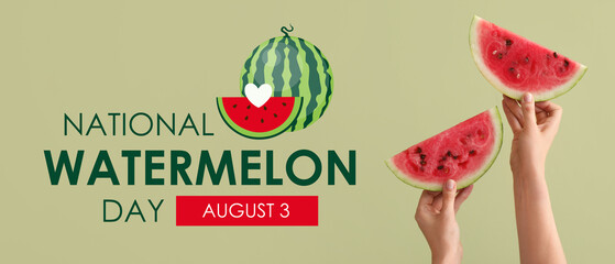 Female hands with slices of ripe watermelon on green background