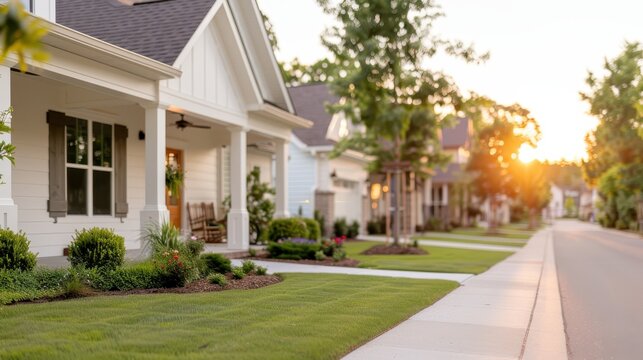 A beautiful suburban neighborhood street features cozy, charming homes, green lawns, and trees basking in warm sunset light, offering a peaceful, idyllic ambiance. - Powered by Adobe