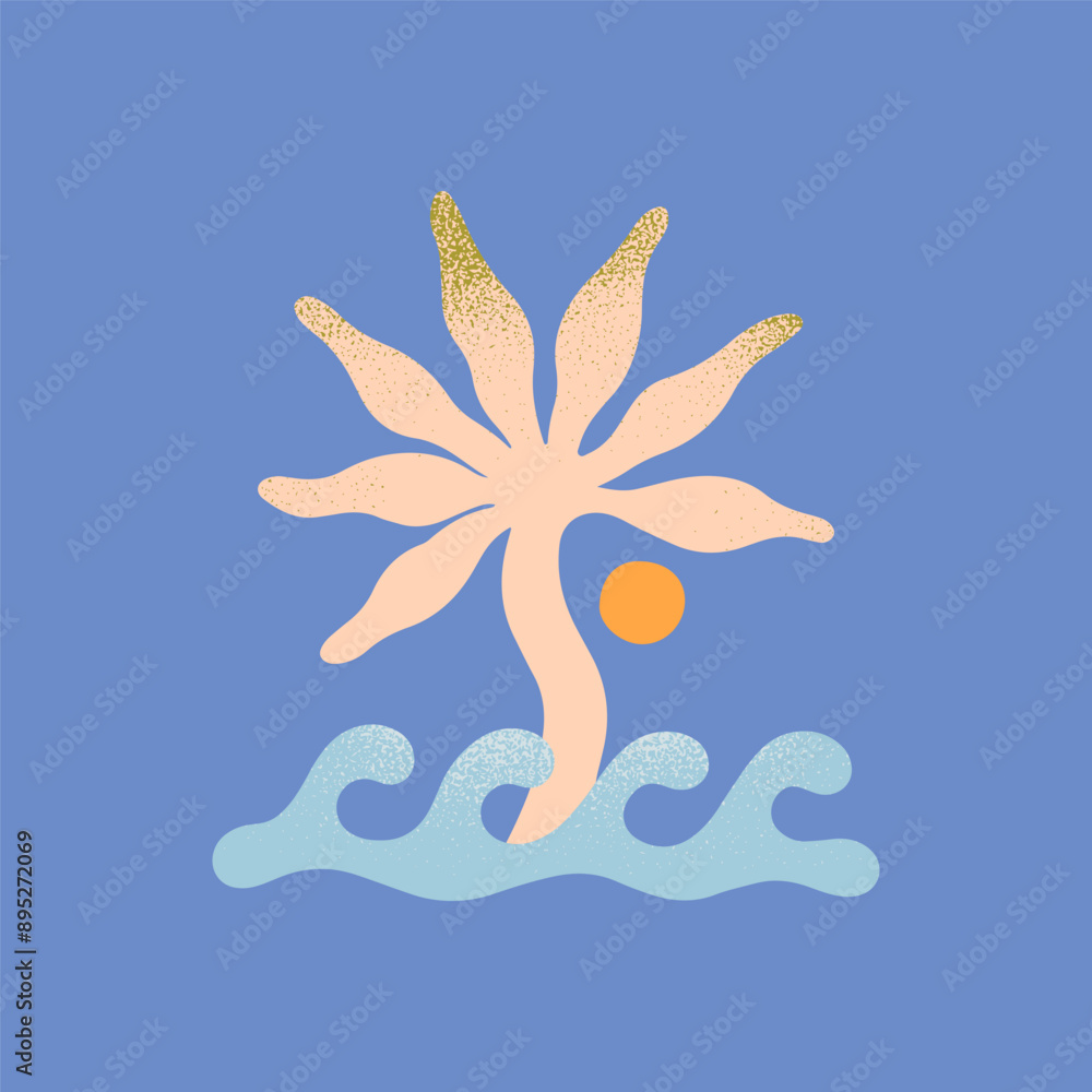 Wall mural vector abstract summer ocean or sea emblem.hand drawn palm with sun and waves.modern graphic in naiv