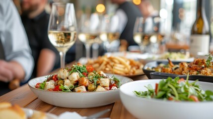 An elegant dining table set with gourmet salads and glasses of white wine, showcasing a sophisticated dining experience with beautifully plated dishes and refined ambiance.