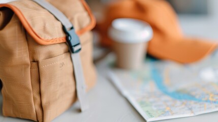 A collection of travel gear arranged on a table, including a tan backpack, a map, a coffee cup, and a hat, ready for an anticipated adventure or trip.