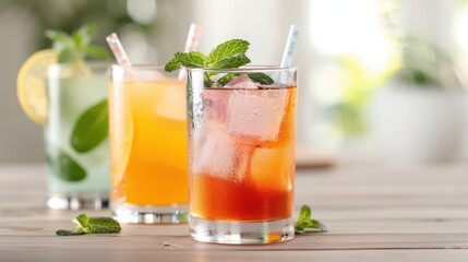 Fototapeta premium Three vibrant, refreshing iced drinks each with unique colors and garnished with fresh mint and citrus slices, perfectly complementing a summer setting on a wooden table.