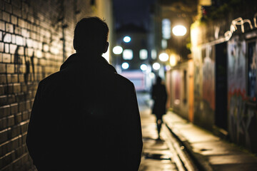 Obraz premium Man following woman in dark street, night, stalking, crime, mugger, scary worry violence, city danger silhouette life footsteps two people girl man, afraid.