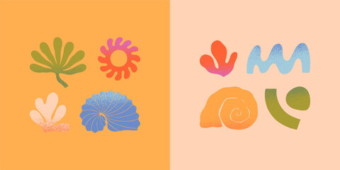 Vector set of abstract summer nature elements.Hand drawn palm,sun,coral,seashell,waves.Modern graphic in naive simple style for banners,smm,branding,packaging, covers,prints.Summer vacation aesthetic