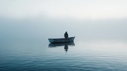 Obraz premium Fishing boat and fisherman in the sea, foggy morning over the water. --ar 16:9 Job ID: 4e9f58e4-7676-4b1a-8ce5-9fe72ab4fdba