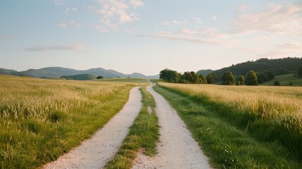 Fototapeta premium A long dirt road can be seen stretching through a vast and lush green countryside landscape under a partly cloudy sky, inviting a sense of adventure and exploration.
