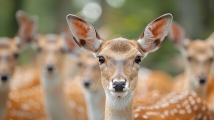 A close-up of a young fawn looking straight into the camera, set against a backdrop of blurred foliage, capturing its gentle and inquisitive nature.