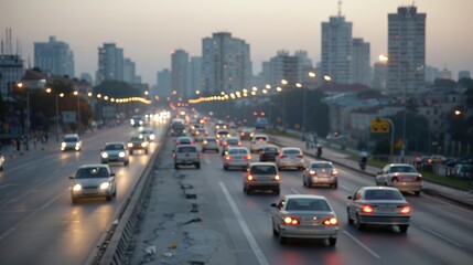 Obraz premium A bustling city road filled with rows of cars and tall buildings as the twilight sets in. Urban life is depicted with the lights of the vehicles and the cityscape.