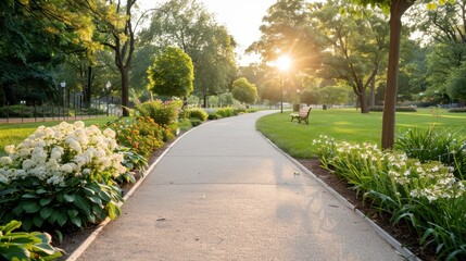 Obraz premium A serene park walkway lined with blooming flowers, bathed in morning sunlight, providing a peaceful environment and perfect for relaxation and nature appreciation imagery.