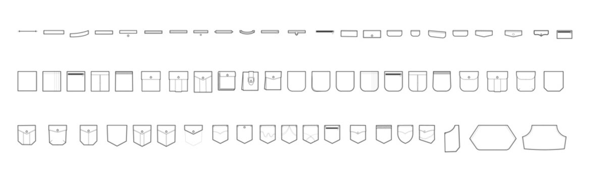 Set of Pockets for clothes - welt, jetted, patch, Square, tab, Rounded, angled, Zipper, jeans, Kangaroo styles technical fashion illustration. Flat apparel template. Women, men CAD mockup isolated