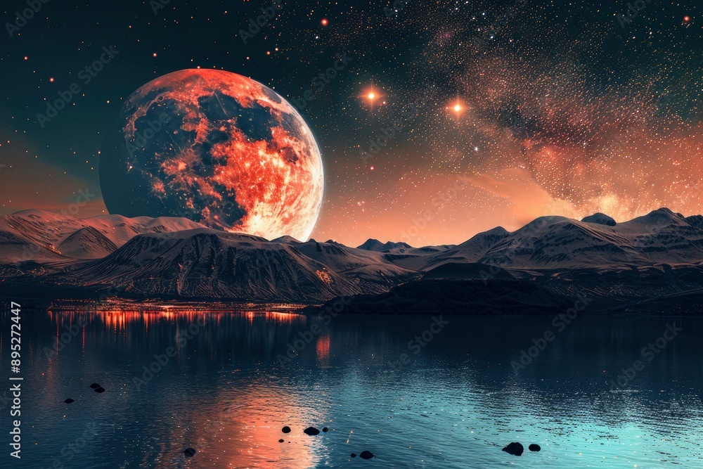 Wall mural Amazing space planet Mars landscape with mountains and water at sunset with starry sky and big planet earth with lights of night cities. Creative future space concept - generative ai