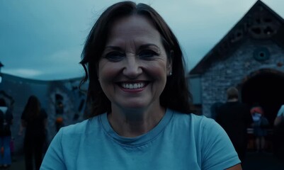 Close-up portrait video of a cheerful woman in her 40s that is wearing a casual t-shirt against a thrilling haunted house attraction with brave visitors background