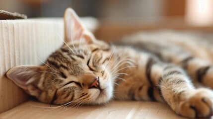 Naklejka premium This serene image shows a sleeping cat snuggling inside a cardboard box, embodying the essence of comfort, security, and sheer feline happiness in its cozy resting place.