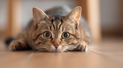 A tabby cat lies flat on the floor with its ears perked and eyes wide open, reflecting curiosity and readiness, against a softly lit indoor backdrop.