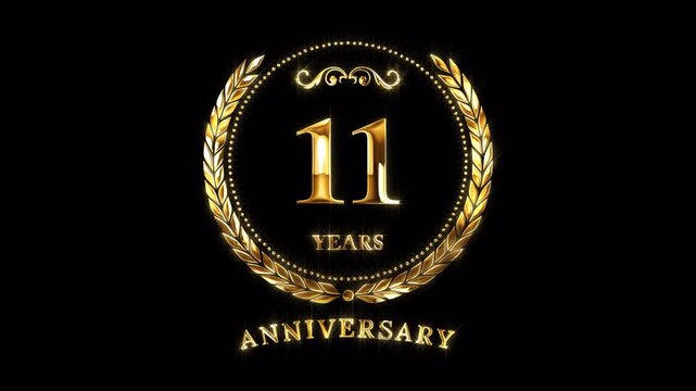 11th Anniversary Celebration. Happy 11 Years Anniversary Animation in Gold Color on the Transparent Background, Alpha Channel. Great for greetings, celebrations, events, and gifts.