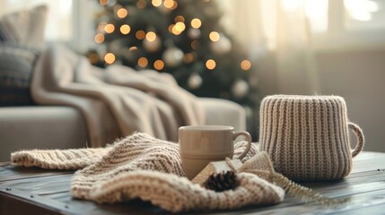 Coffee cup on table near warm blanket and present