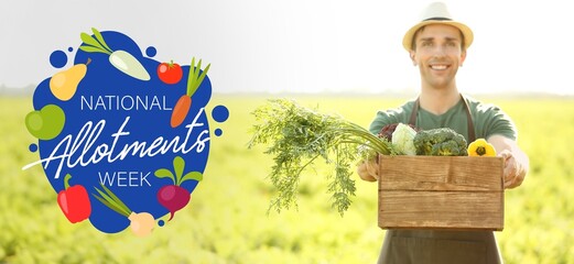 Banner for National Allotments Week with young male gardener with harvest in field