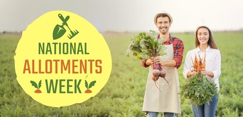 Banner for National Allotments Week with young farmers with harvest in field