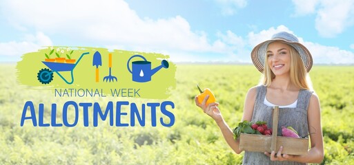 Banner for National Allotments Week with young female gardener with harvest in field