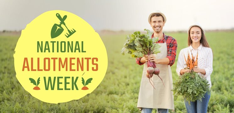 Banner for National Allotments Week with young farmers with harvest in field