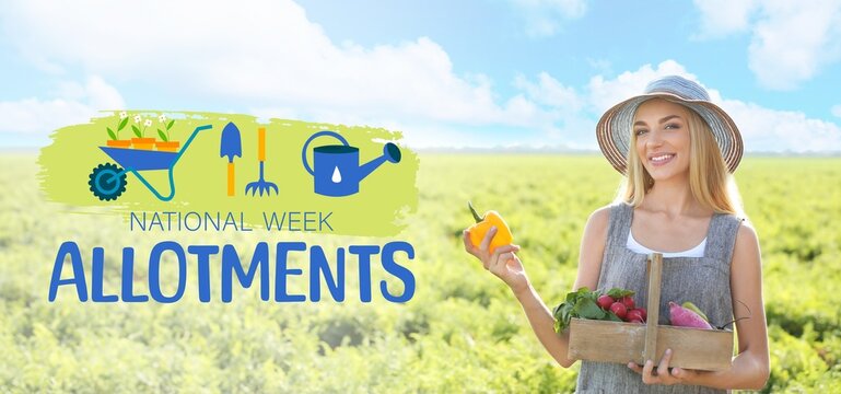 Banner for National Allotments Week with young female gardener with harvest in field