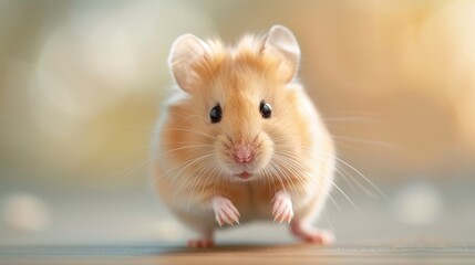 Fototapeta premium The image captures a cute hamster standing on two legs, with its tiny paws in front, and looking directly forward. It evokes feelings of curiosity and whimsy.