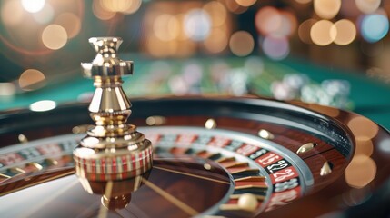 A focused close-up on a luxurious roulette wheel with an elegant design, featuring a spinning indicator during the game, highlighting the thrill and sophistication of gambling.